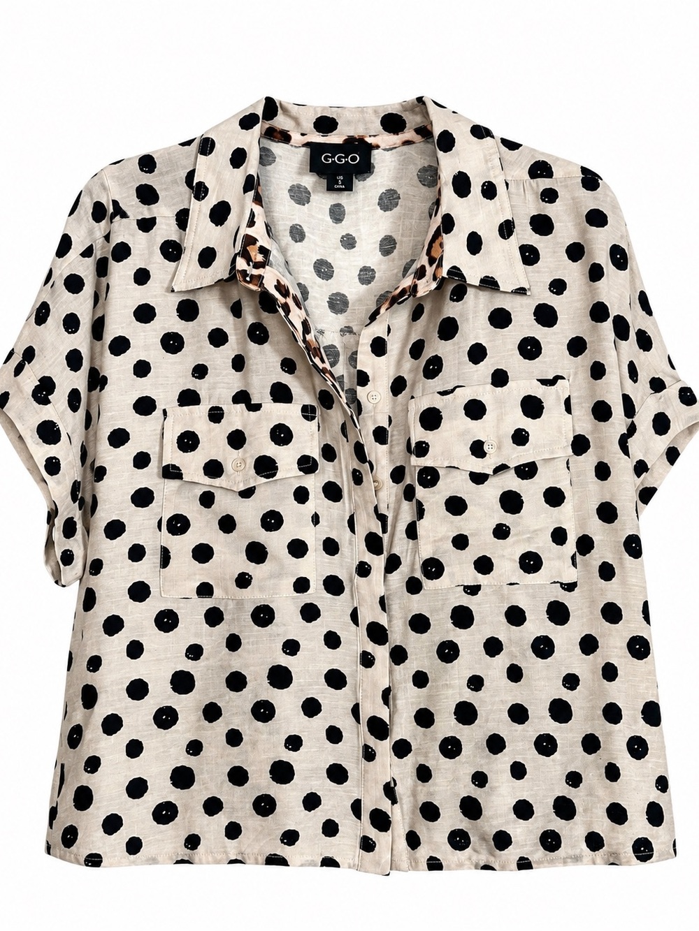 Gigio  Polka Dot Short Sleeve Button-Down Shirt in Beige and Black